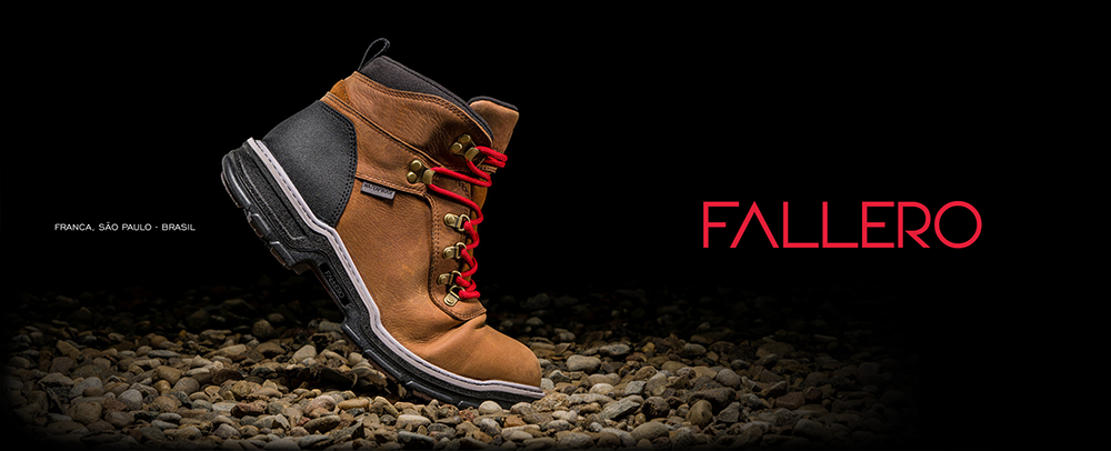 FALLERO — bota em couro sobre pedras. Franca, São Paulo, Brasil.